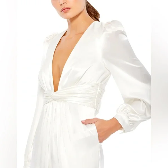 Ieena for Mac Duggal Long Sleeve Ruched‎ Plunging Neck Satin Jumpsuit